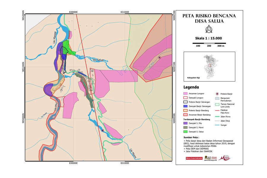 Peta Risiko Bencana Desa. Upaya pencegahan, mitigasi, dan penanggulangan bencana yang dilakukan oleh masyarakat di desa dampingan akan berdasar pada peta ini. Peta ini dibuat secara digital berdasarkan peta partisipatif yang disiapkan bersama warga desa.